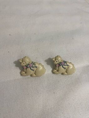Vintage Lamb Sheep Stud Earrings Pair Pastel Floral Bow Cute Cottagecore